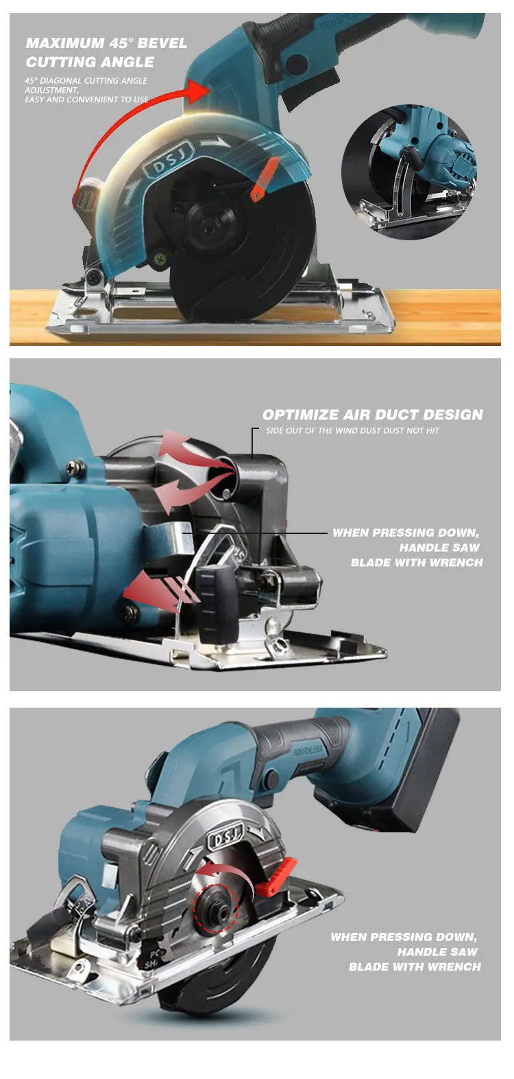 Bürstenlose Kreissäge 5 Zoll 125mm Multifunktionales Schneidwerkzeug Handgeführte Kabellose Elektrische Kettensäge für Makita 18V Akku – Detail 9