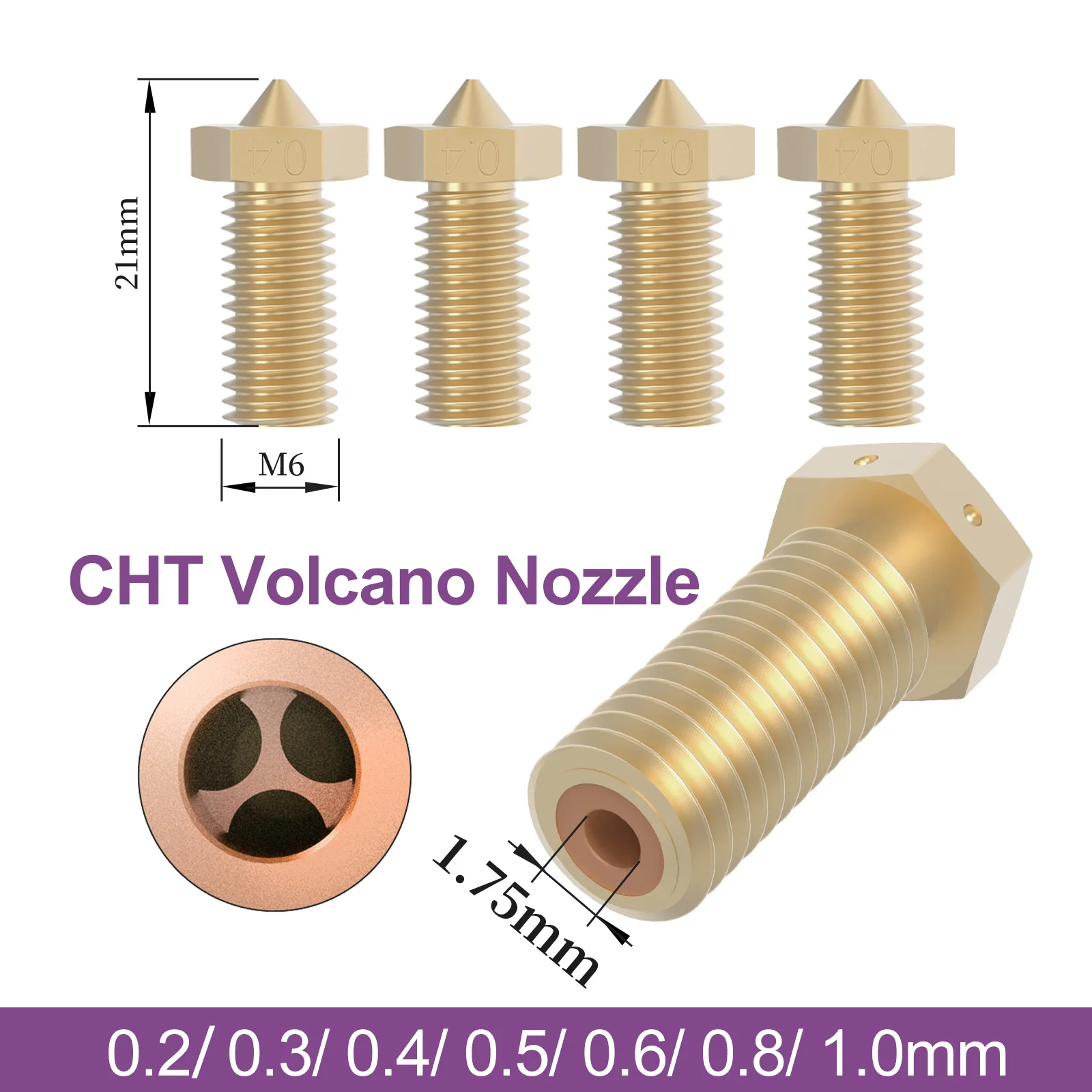 CHT Volcano Nozzle Extruder Nozzles High Flow Three-eyes For 1.75mm Brass Nozzles Hotend Extruder E3D Volcano 3D Printer Parts
