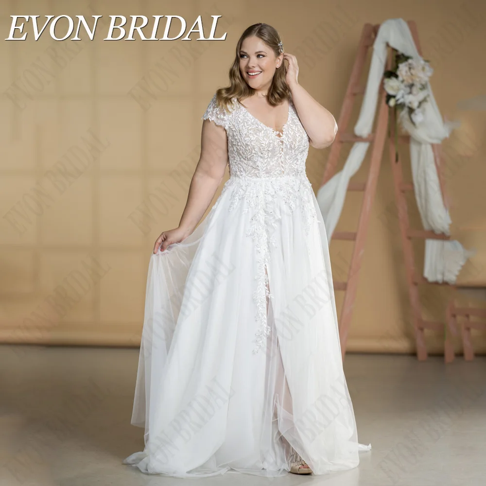 EVON BRIDAL Modern Wedding Dresses Cap Sleeves Double V-Neck Bride Gowns Applique A-Line Side Split Tulle vestidos de novia