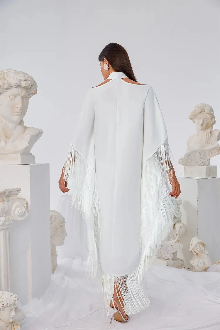 Women's luxurious elegant Evening  White Tassel Cross Halter One piece Birthday  Evening  Cocktail Club Party Dress