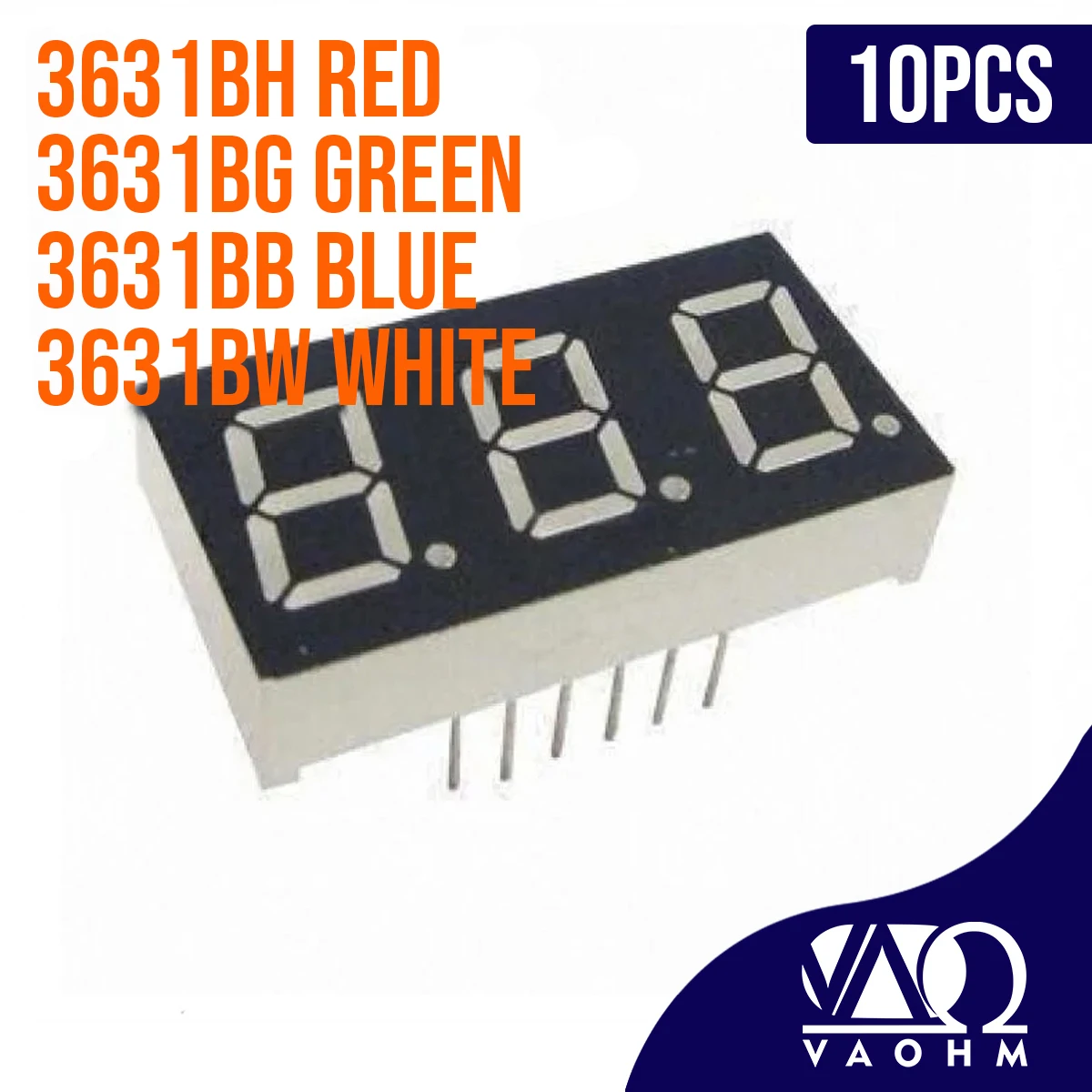 Common Anode Three Digit Seven Segment Led Display Tube Red Blue Green White 10Pin 10PCS 3631BH 3631BB 3631BG 3631BW 0.36 Inch