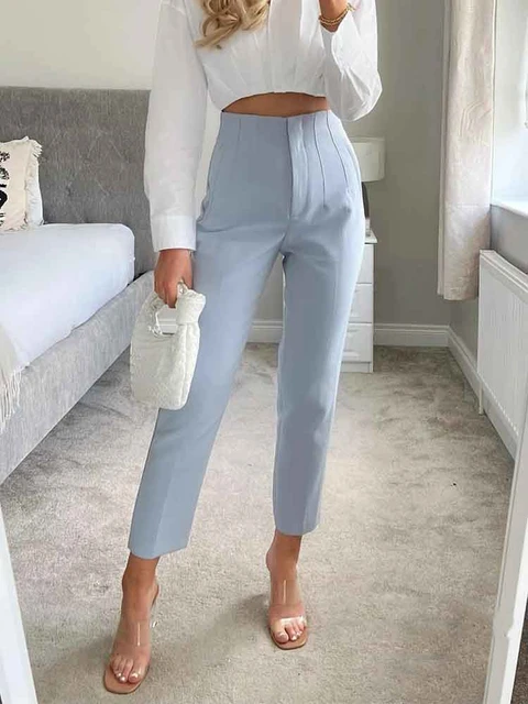 Blue Fashion Pants Women, Blue High Waist Trouser, Womens Traf Pants