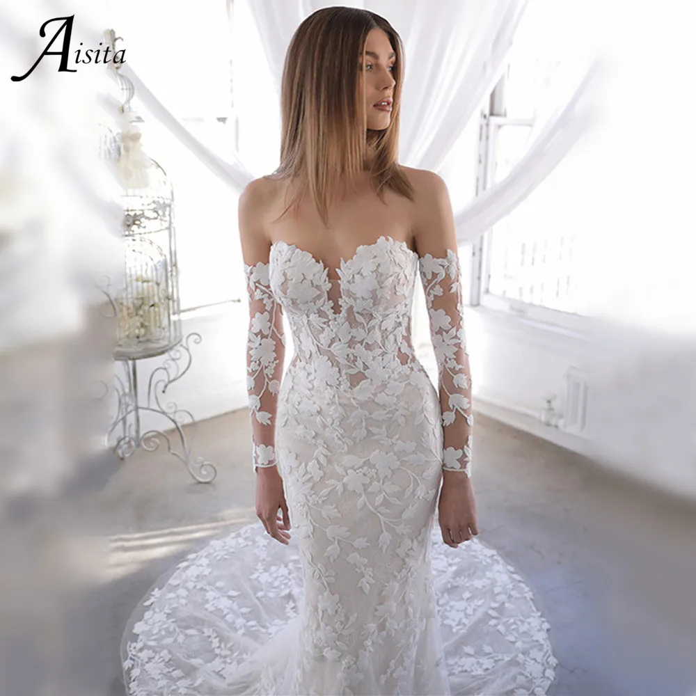 

Boho Long Sleeves Mermaid Wedding Dresses Beach Lace Embroidery Tulle Sweep Train Vestidos De Novia Sexy Sweetheart Bridal Robes