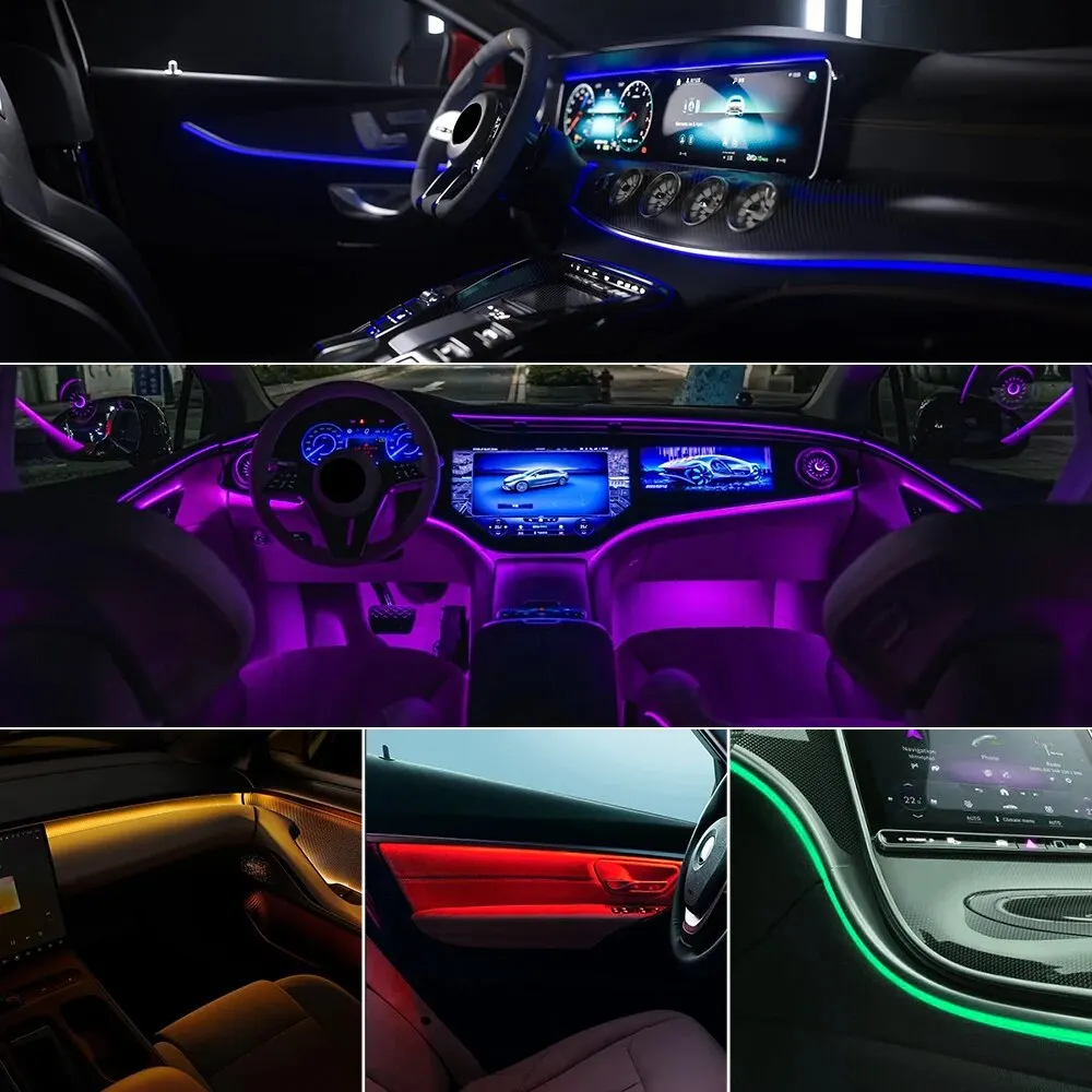자동차 LED 앰비언트 RGB 라이트 스트립, 인테리어 광섬유 듀얼 존, 64 색 조명, 범용 자동차 장식 램프, BMW용 앱 제어