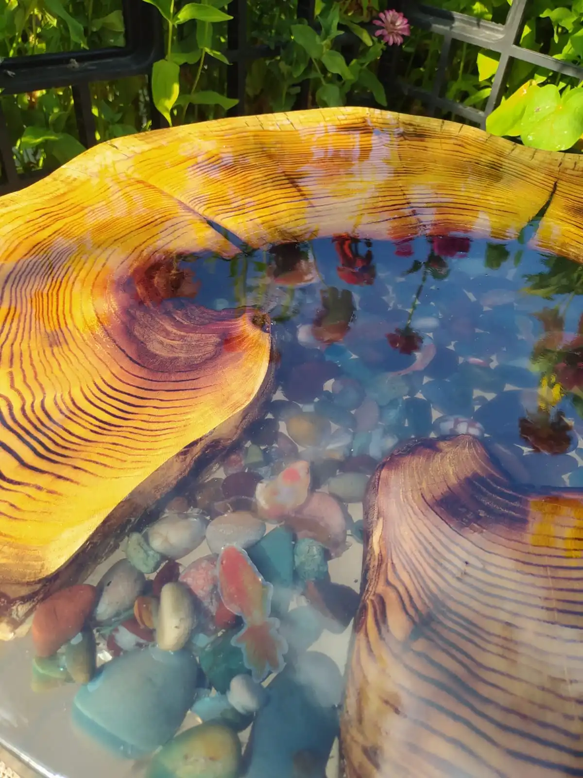 

Goldfish mulberry tree rings torch-lit epoxy coffee table