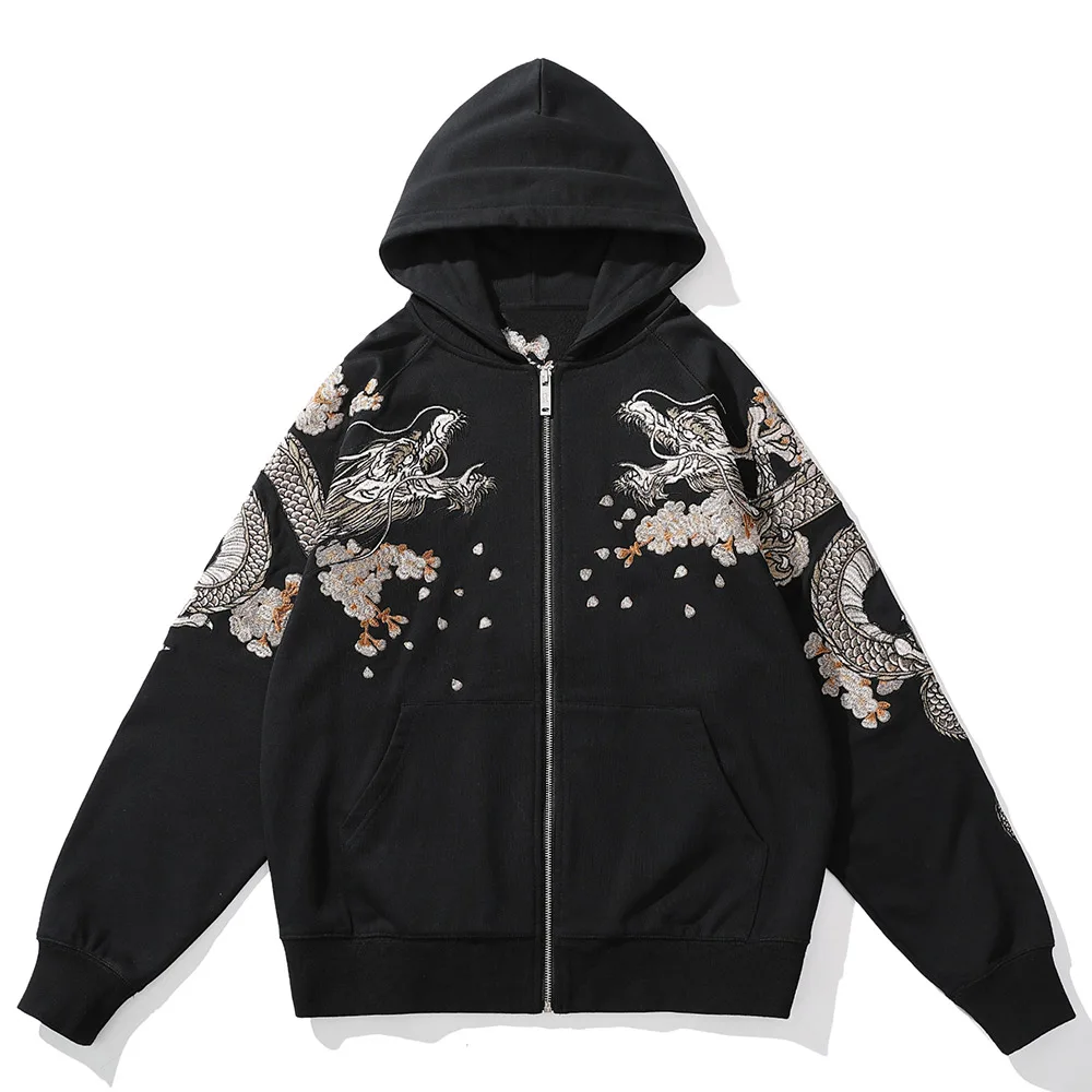 

Hip Hop Men's Hoodies Dragon Embroidery Zipper Pullover Retro Autumn Hoodie Streetwear Harajuku Casual High Street Sweatshirt