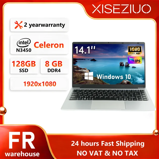 Ordinateur portable 14 pouces, 8 Go de RAM, 128 Go de SSD, PC portable 2,56 GHz Quad Core, ultra fin et léger, pour étudiants, avec WiFi, Bluetooth, écran HD, compatible Windows 10, pour le bureau, les études, argenté 1