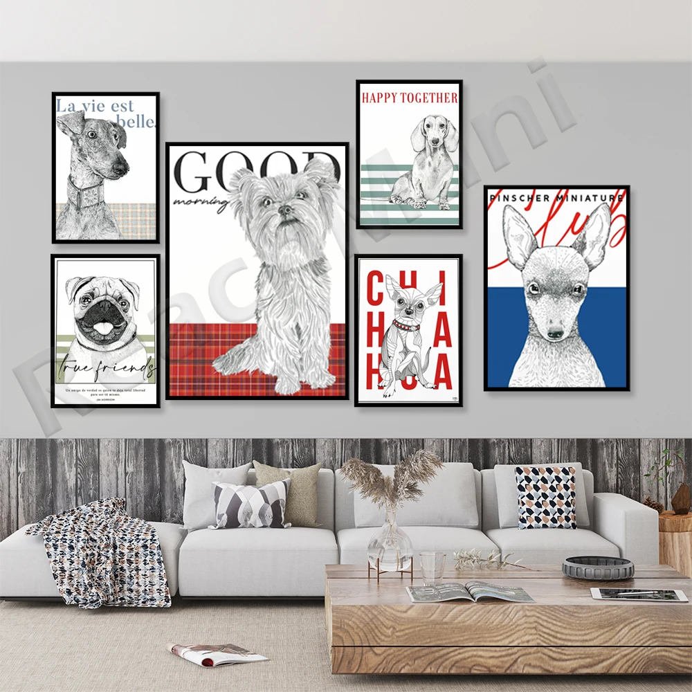 Bassotto, Chihuahua, Doberman, Bulldog Francese, Pug, Yorkshire Terrier, Greyhound Illustrazione Logo Francese Art Dog Poster