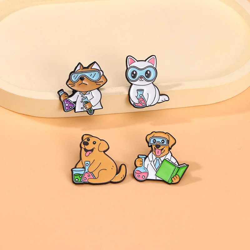Cute Cartoon Animal Chemist Enamel Brooch Creative Cat Dog Lapel Pin Badge Backpack Clothing Hat Accessories