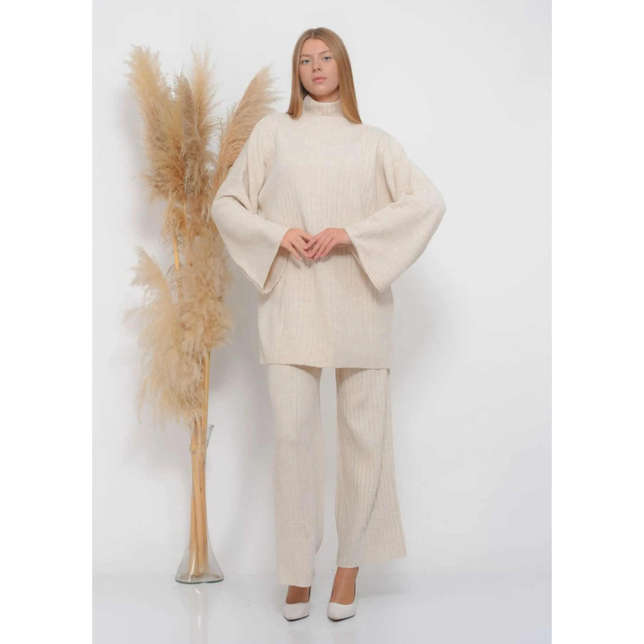 Two Piece Women's Pant Set Suit Knitwear Oversize Turtleneck Sweater