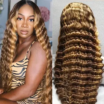 Alternative view of Loose Deep Wave Glueless Wig Highlight Brown Colored Human Hair Ready To Wear 13*4 Lace Frontal Curly Wigs Pre plucked Hairline