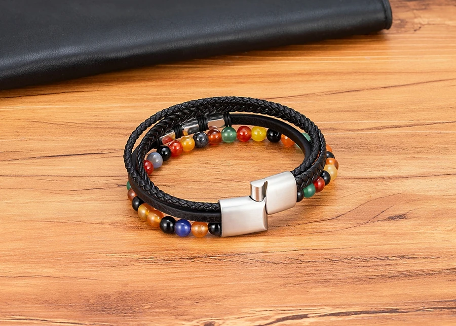 TYO High Quality Natural Stone Tiger Eye Beaded Bracelets Woven Leather Bangles Men Classic Fashion Magnet Clasp Jewelry Gifts
