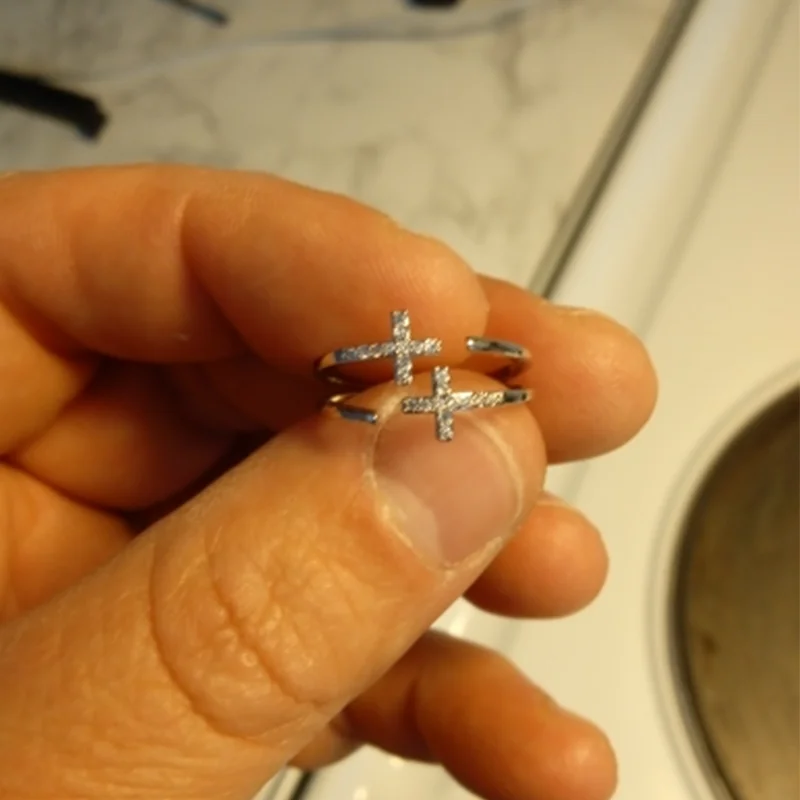 Gold Color Stainless Steel Ring Opening Zircon Double Cross For Woman Wedding Jewelry Gift