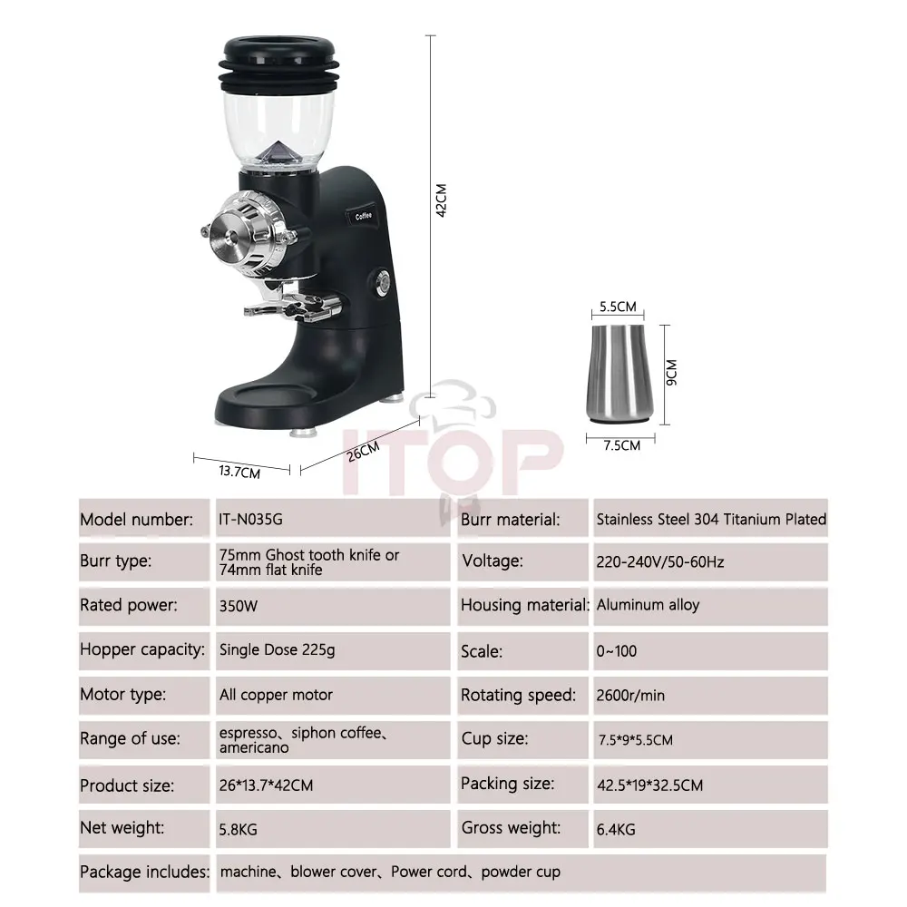 ITOP Automatic Coffee Grinder Stainless Steel Titanium Plated 75/74mm Ghost Tooth/Flat Burr Coffee Milling Professional Miller 6