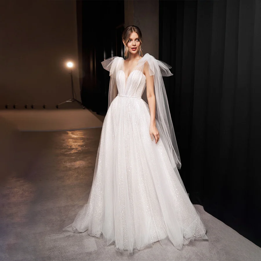 

Драматическое свадебное платье из тюля с бусинами и съемными завязками-бантиками, сверкающее свадебное платье с V-образным вырезом и шлейфом для женщин