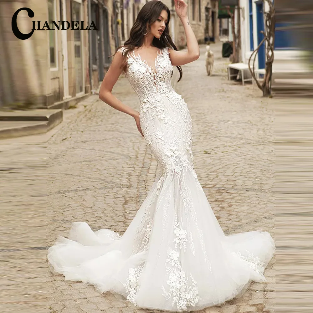 

CHANDELA Elegant Mermaid Wedding Dresses Lace Appliques Tulle Scoop Cap Sleeves Bridal Gown Suknia slubna Customised For Women