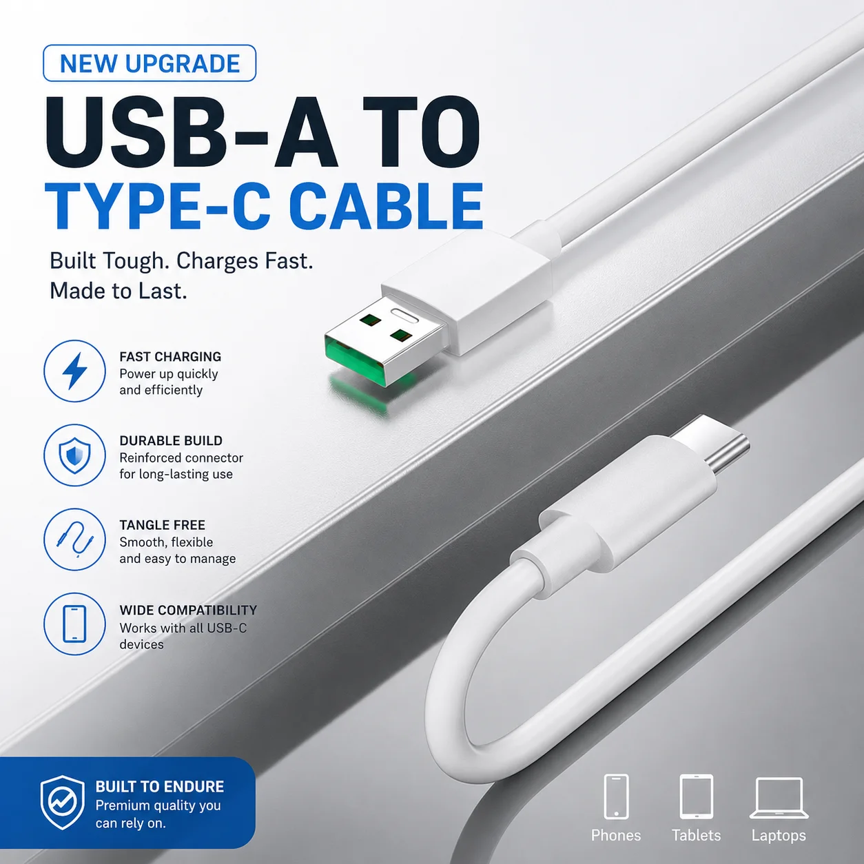High-Speed Durable USB-A to USB-C Charging & Data Cable - Tangle-Free White Cord