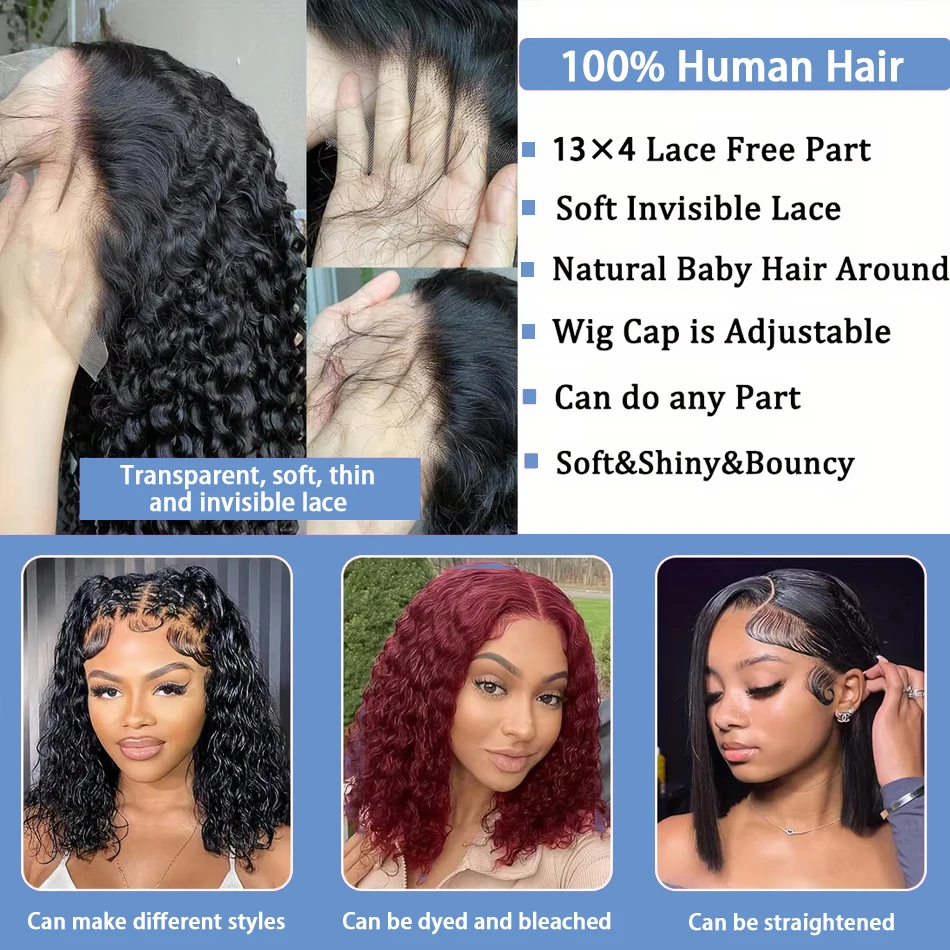 250 Density 13x4 Short Bob Wig Human Hair Transparent Lace Front Bob Wigs Human Hair Deep Wave Curly Pre Plucked for Women