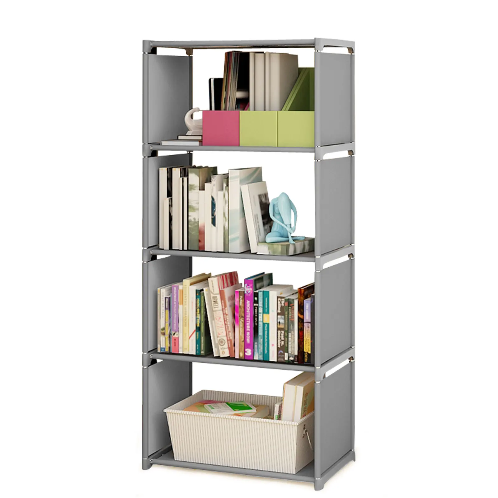4-Tier Bookcase Wall Bookshelf Leaning Wall Shelf Shelving Ladder Storage Home Metal &Woven Fabric Grey Strong Bearing Capacity 4