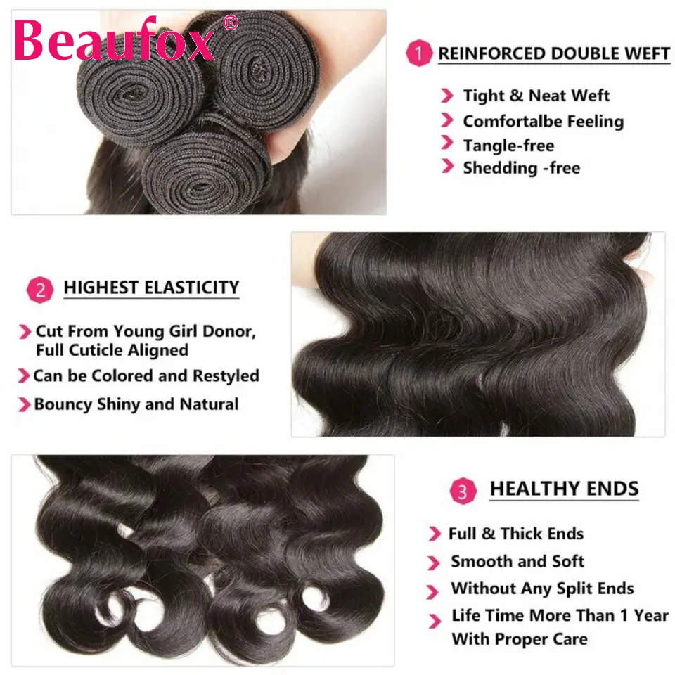 Beaufox Body Wave Bundles Human Hair Brazilian Unprocessed Hair Bundles Human Weave Natural Black 1/3/4 Deal