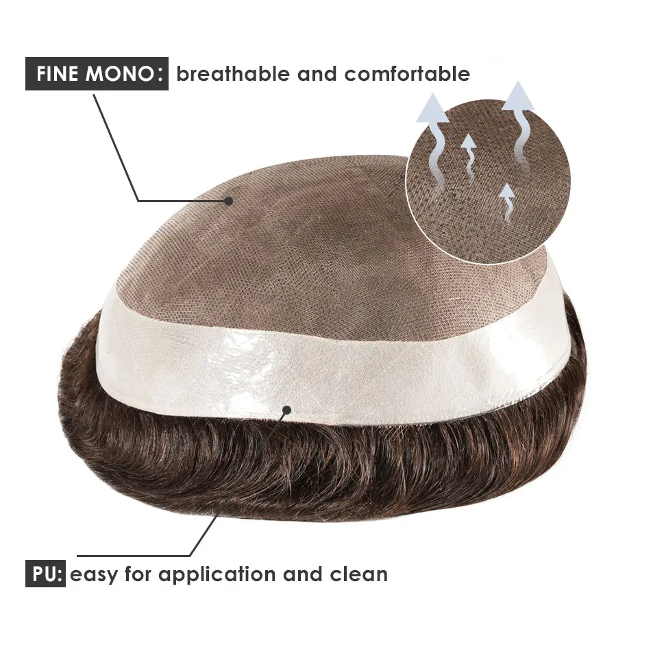 Mono Durable Human Hair Toupee Men Breathable Male Hair Prosthesis Capillary Men 130% Density 6" Male Wig Systems human hair toupee