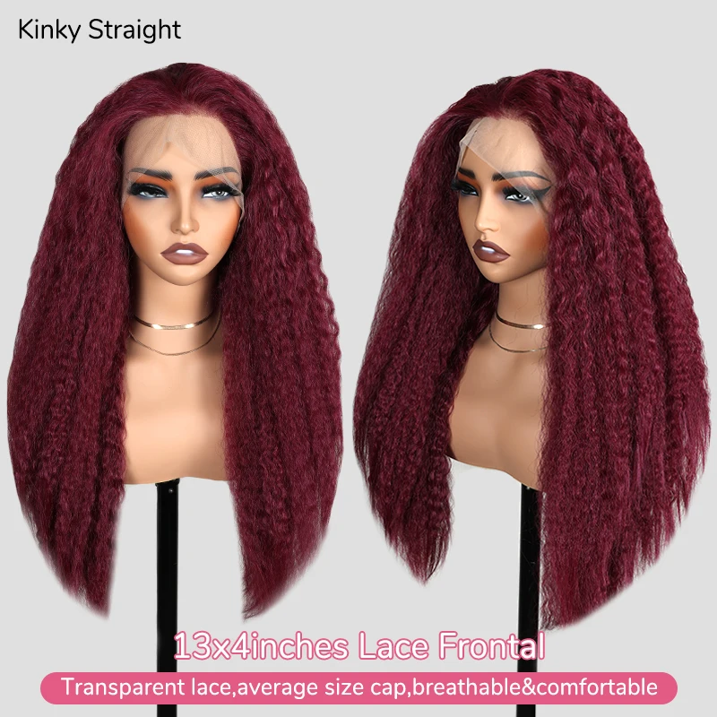13X4 Lace Wig Kinky Straight Frontal Synthetic Wig 99J Burgundy for Women Kinky Straight Preplucked With Baby Hair Cosplay Daily