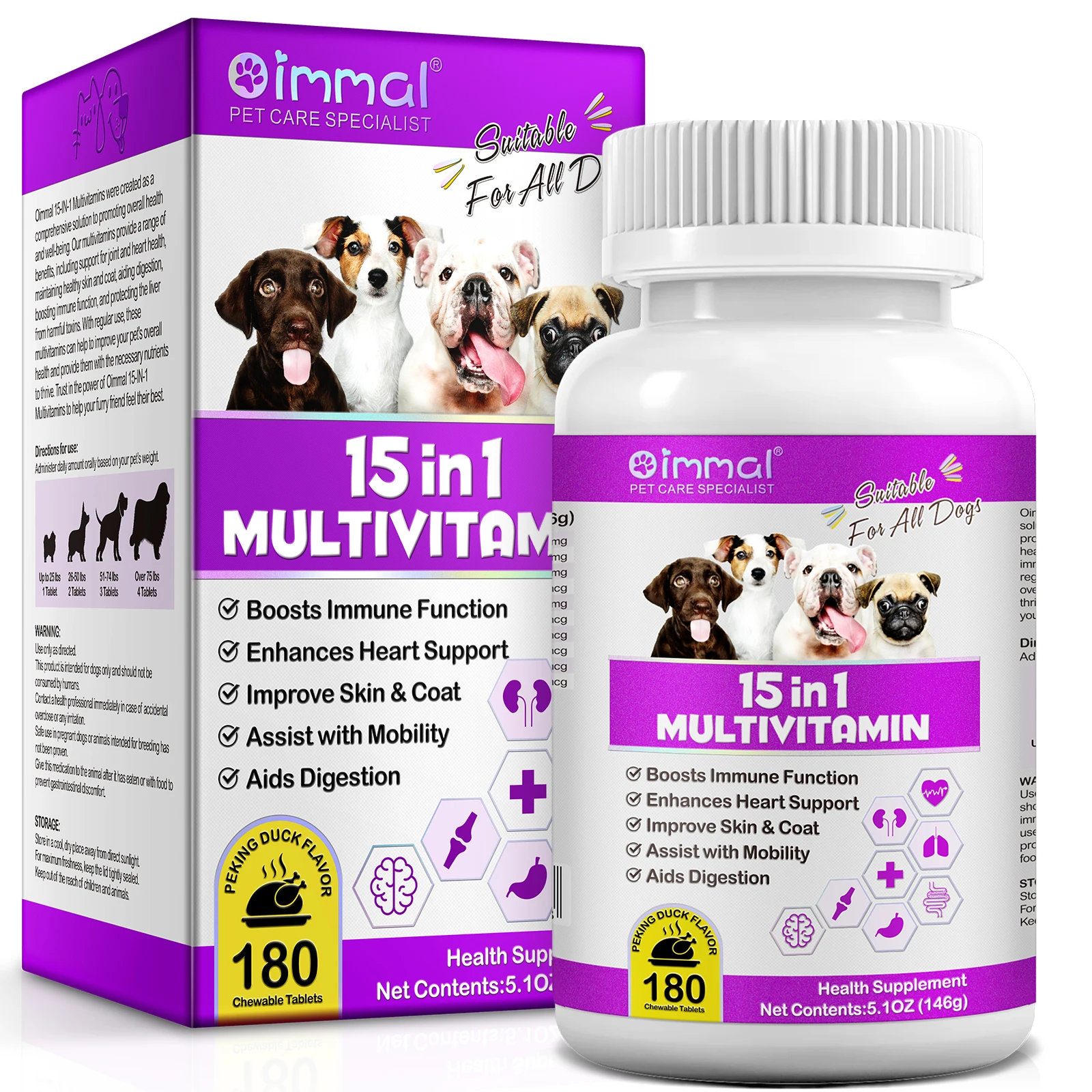 15 in 1 Multivitamin 180 Chewable Tablets Suitable For All Dogs Boosts Immune Function Enhances Heart Support Peking Duck Flavor pet nutrition supplement pet multivitamin supplements