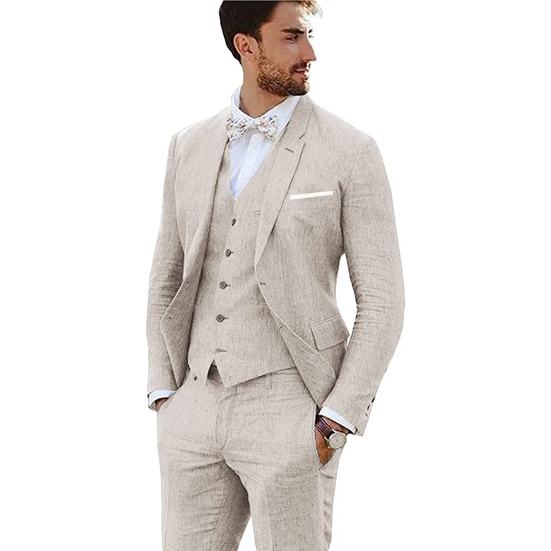 New Design Linen Suit for Men 3 Pieces Formal Wedding Prom Set Slim Fit Jacket Groom Best Man Tuxedo Costume Homme Suit 2