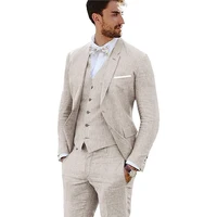 New Design Linen Suit for Men 3 Pieces Formal Wedding Prom Set Slim Fit Jacket Groom Best Man Tuxedo Costume Homme Suit 2