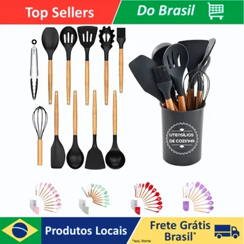 Kit 12 Utensílios de Cozinha com Cabos de Madeira e Pote