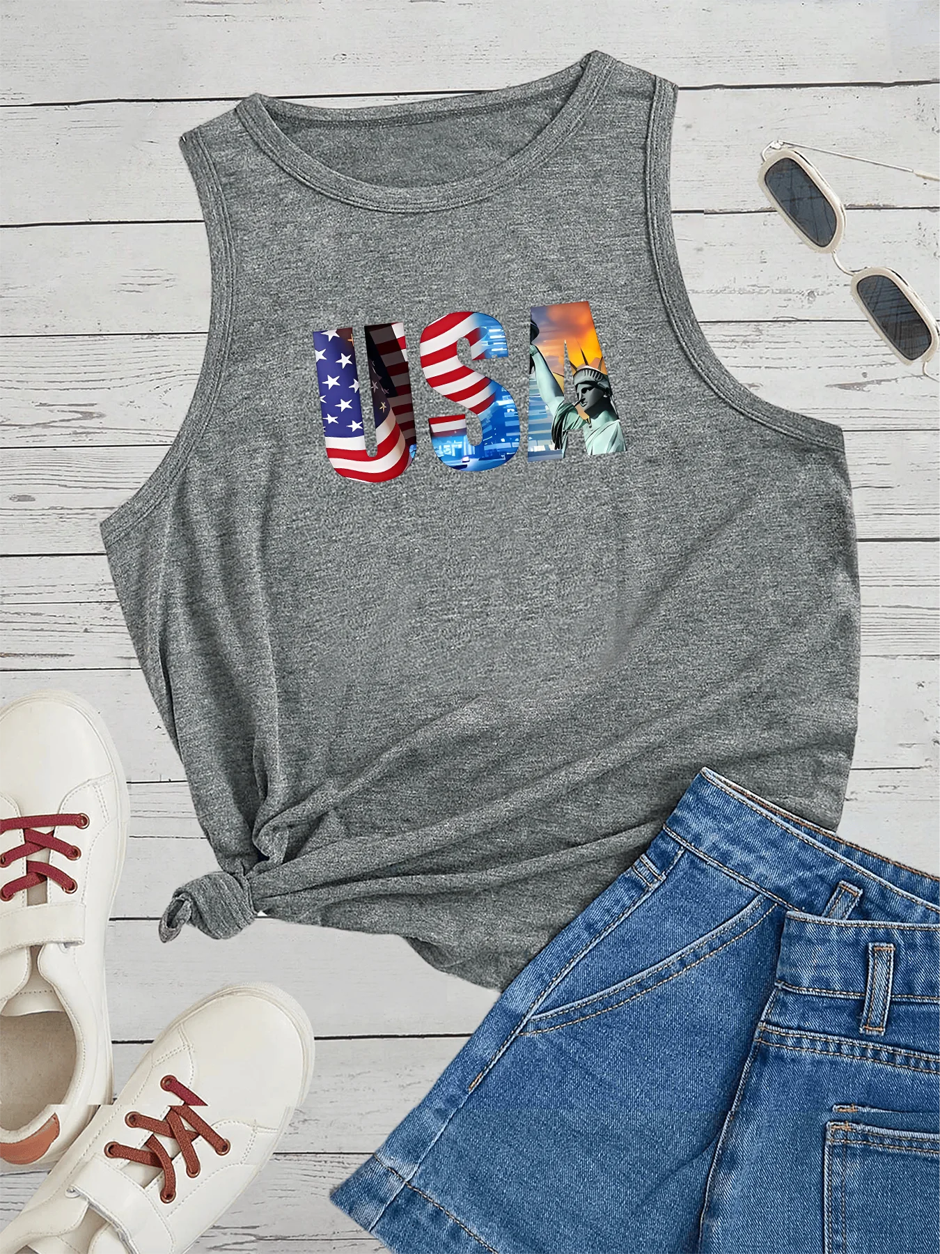 

Sunset Scenery Of The Statue Of Liberty In The United Fashion Funny Sports Women's Tank Top Loose O Neck Sleeveless Casual Tank