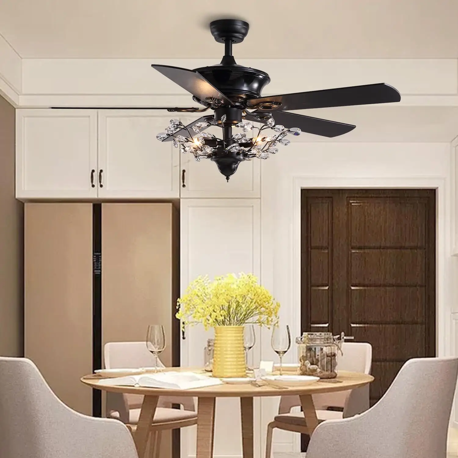 

American Stye Black Crystal Follower Design Ceiling Fans With Light 110V 220V Wood Blades Remote Control Hanging Fans Lamp 52 "