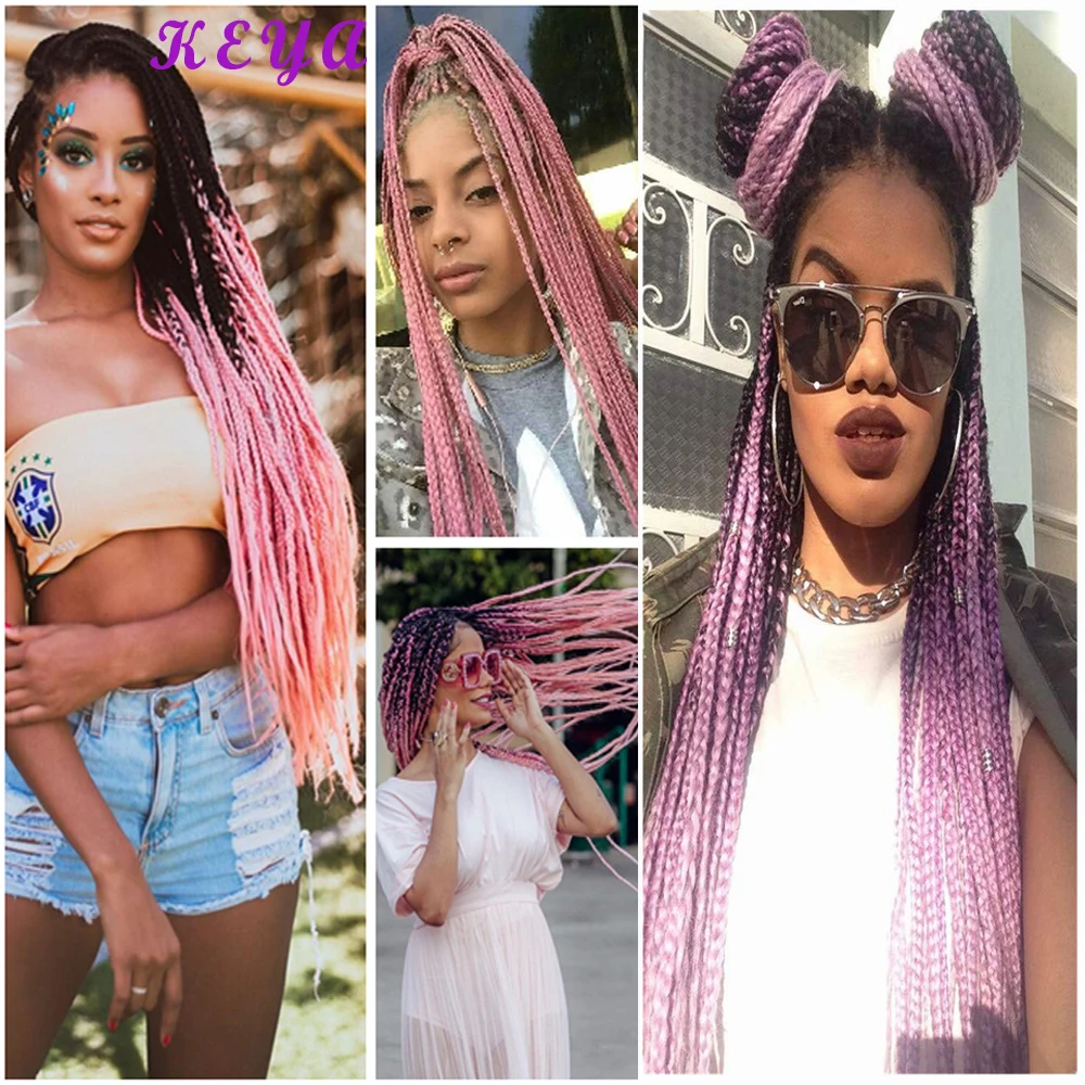 Box Braids Crochet Hair Ombre Pink Synthetic Braiding Hair Extensions 24 Inch Pre-Looped Crochet Braids Colourful African