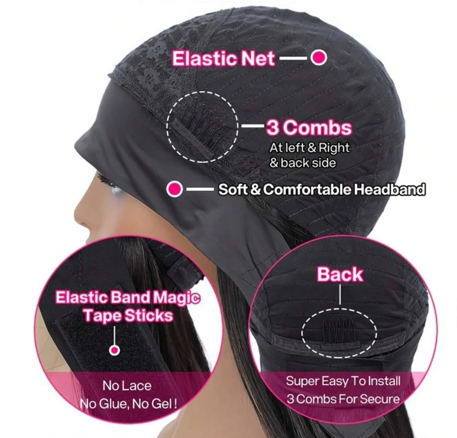 200 Density Straight Headband Wig Human Hair Wigs For Women Glueless None Lace Front Human Hair Natural Black 16-40inch 5