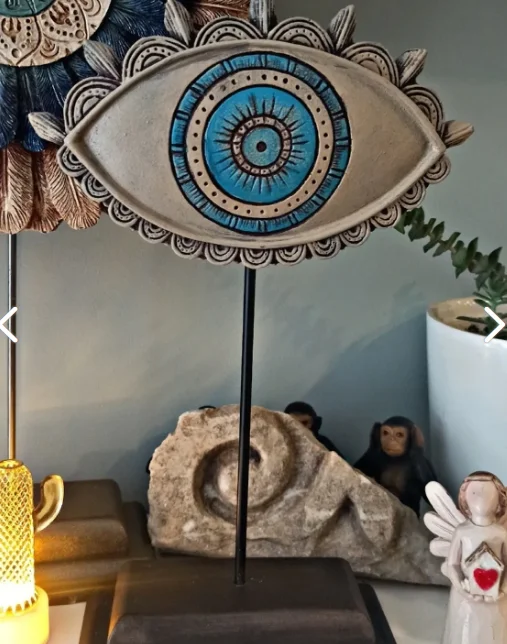 

Turkish Evil eye-Charm Eye Trinket Tumbled Table Top, Showcase, Decorative Object With Stand