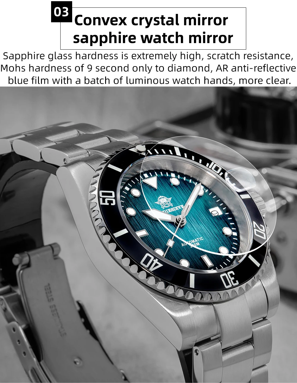 ADDIESDIVE AD2078 reloj buceo automático cristal zafiro BGW9 cristal de zafiro.