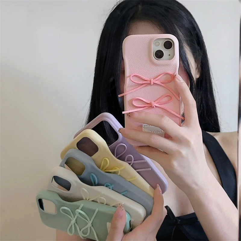Korean Cute Bow Shockproof Candy Color Leather Phone Case