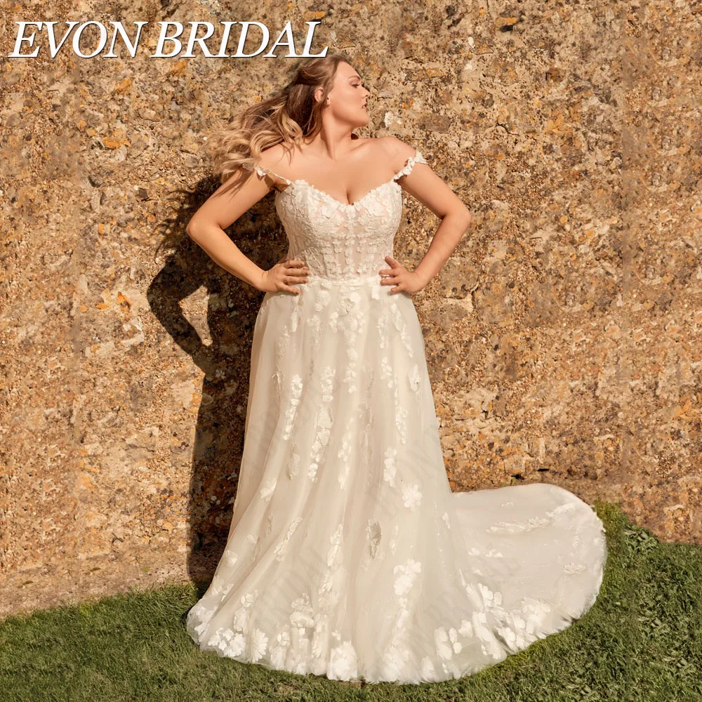 

EVON BRIDAL Boho Wedding Dress Plus Size Off Shoulder V-Neck Applique Tulle A-Line Sleeveless Bridal Gowns Vestidos De Novia