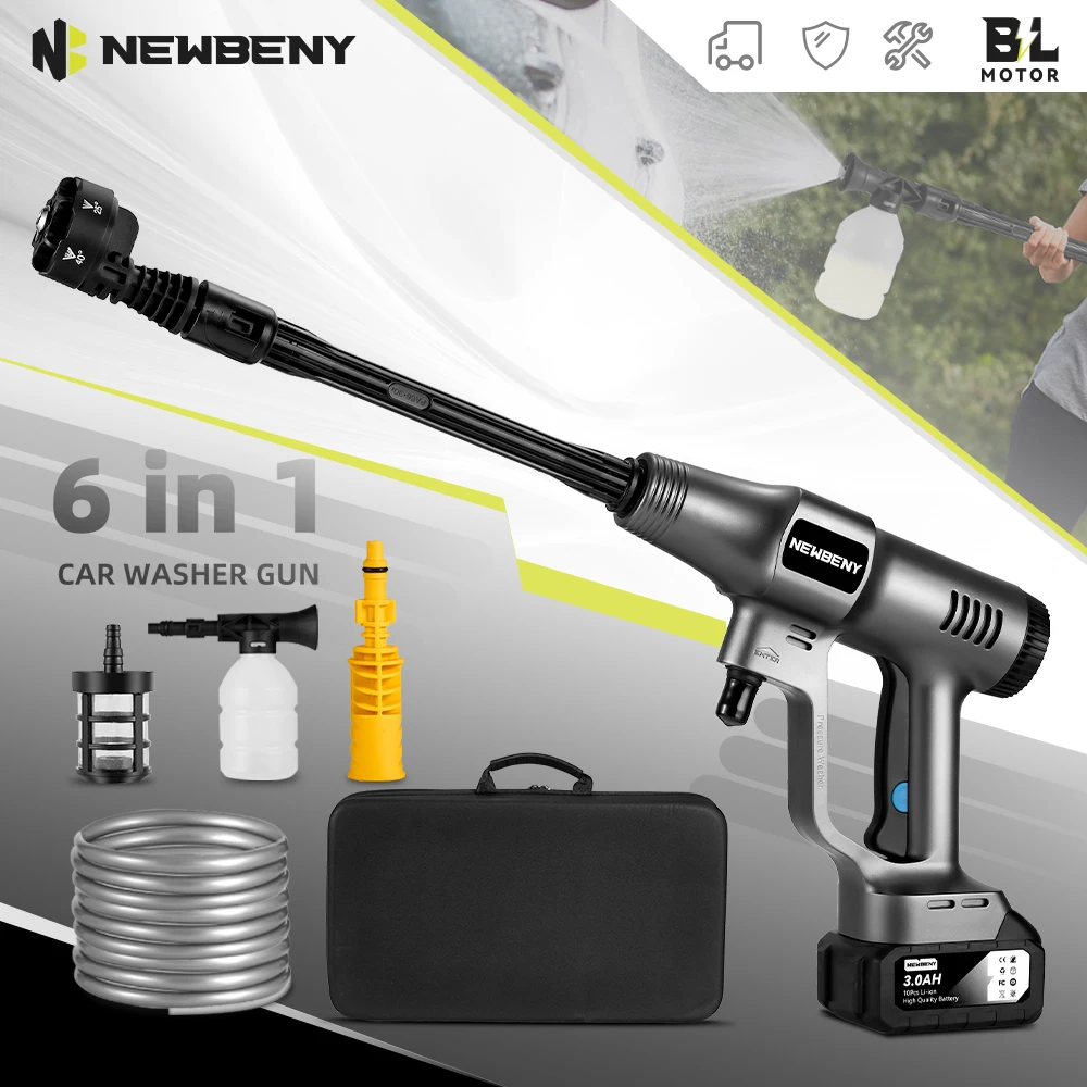 NEWBENY 브러시리스 전기 와셔, 효율적인 무선 가정용 정원 청소 도구, 마키타 18V 배터리, 3500W, 200Bar, 6 in 1 