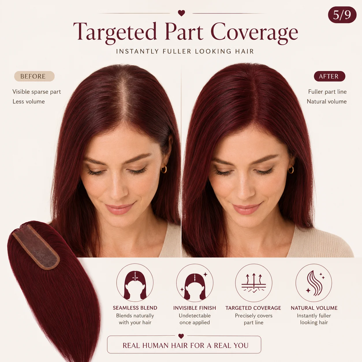 TUW22 Topper per capelli rosso ciliegia in PU, per donne con capelli diradati, pezzo di capelli umani per persone con perdita di capelli, topper in capelli umani - immagine 5