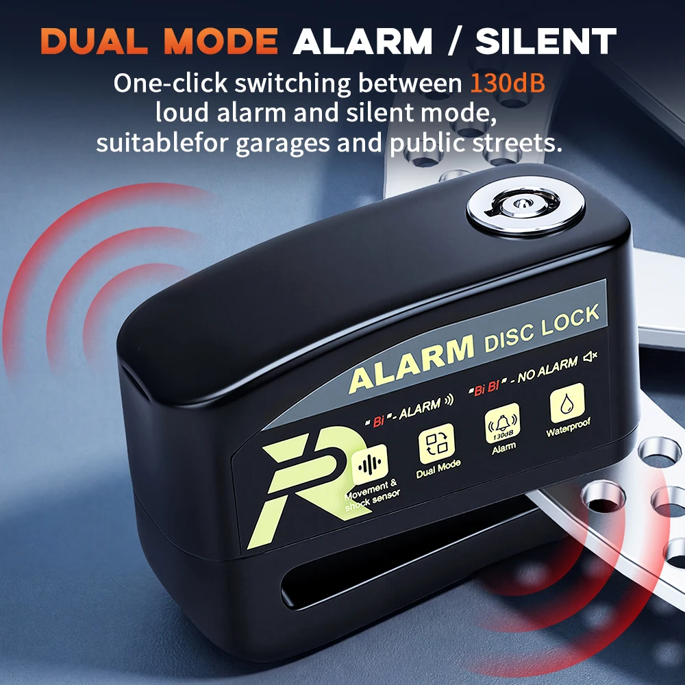 Rockbye Motorrad-Alarmschloss für Bremsscheiben, 130 dB, Diebstahlschutz, IP65, wasserdichter Alarm/geräuschlos, zwei Modi, Moto-Rad-Scheibenschloss – Detail 4