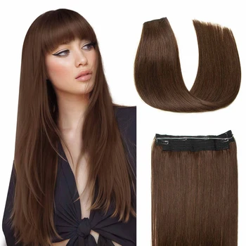 Fish Line Wire Hair Extensions Invisible Clip in Human Hair Extensions 4 Clips Real Natural Hair 12-24Inch