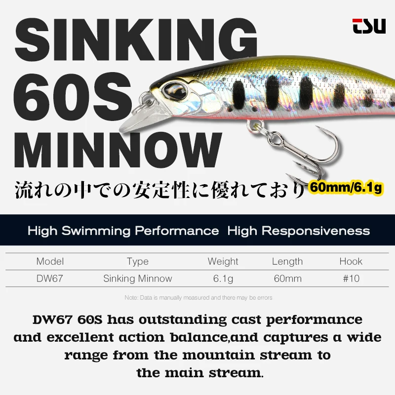 TSURINOYA Sinking Minnow 60S 60mm 6.1g DW67 New Fishing Lures Professional  Hard Lure Pencil Wobbler Crankbait Bass Pike Baits