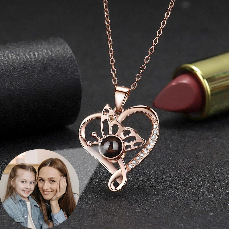 925 Sterling Silver Projection Custom Personalized Photo Projection Necklace Heart Butterfly Pendant Necklace for Women Jewelry