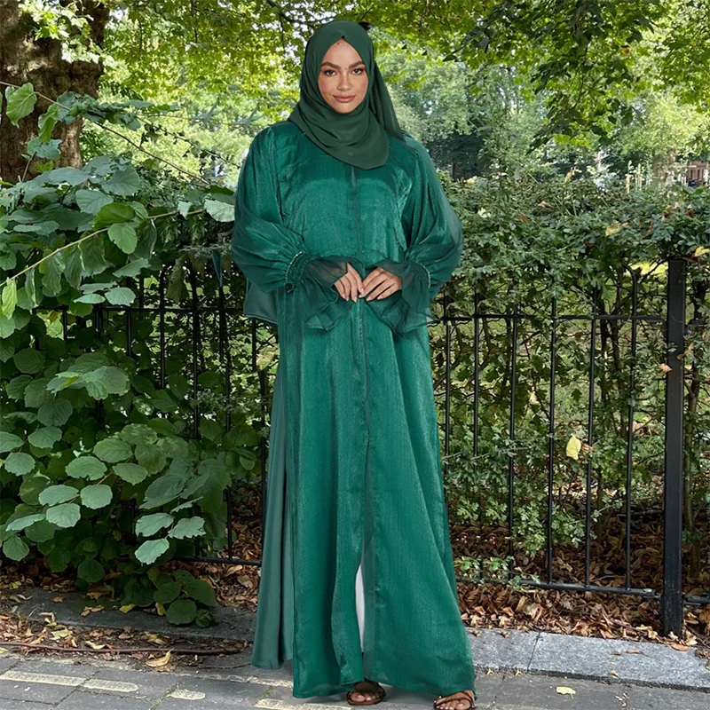 

Ramadan Abaya Open Front Cardigan with Hijab Middle East Arabian Women Robe Eid Prayer Dress Full Length Kaftan Muslim Sets