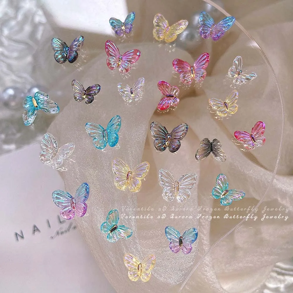 

30Pcs Aurora Multicolor Butterfly Nail Art Charms 3D Resin Crystal Rhinestones Nail Decorations DIY Pressing Nail Decoration