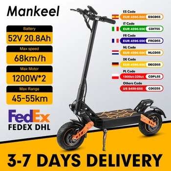 Monopattino Elettrico Pieghevole Mankeel F7 con Doppio Motore da 1200W, Pneumatici Fuoristrada da 11 Pollici, E-scooter per Adulti con Batteria da 52V 20.8Ah