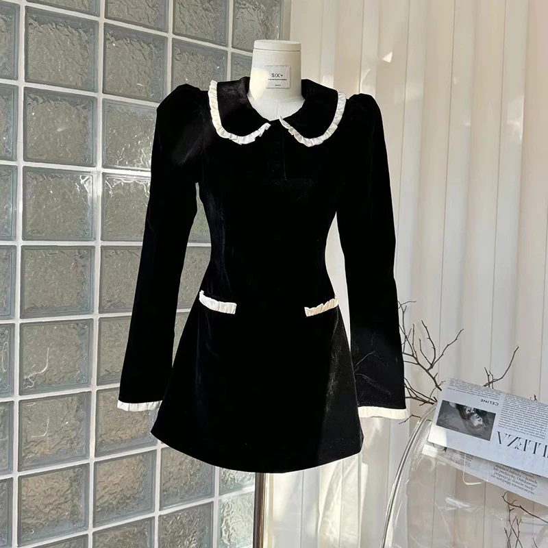 

Fashion Knit Dress Women Autumn French Style Long Sleeve High Waist Lapel Dress Autumn and Winter Temperament Mini Skirt