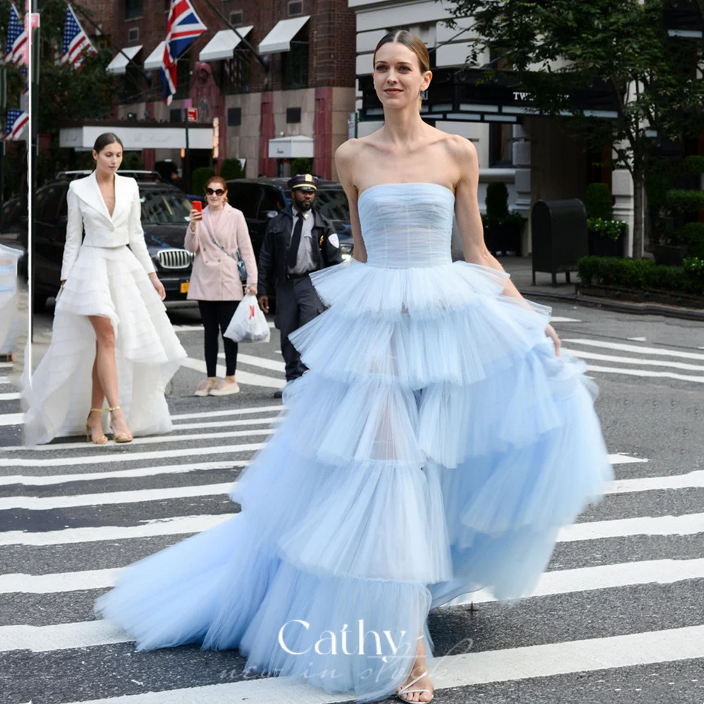 

Cathy Baby Blue Strapless Prom Dress Sexy Side Split Multilayer Evening Dress Sweep Train فساتين مناسبة رسمية