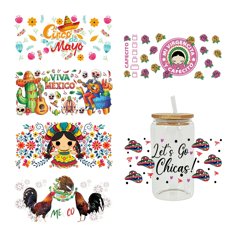 UV DTF Transfer Sticker Mexico Flowers 16oz Libbey Glasses Wraps Bottles Cup Can DIY Waterproof Decals D14413